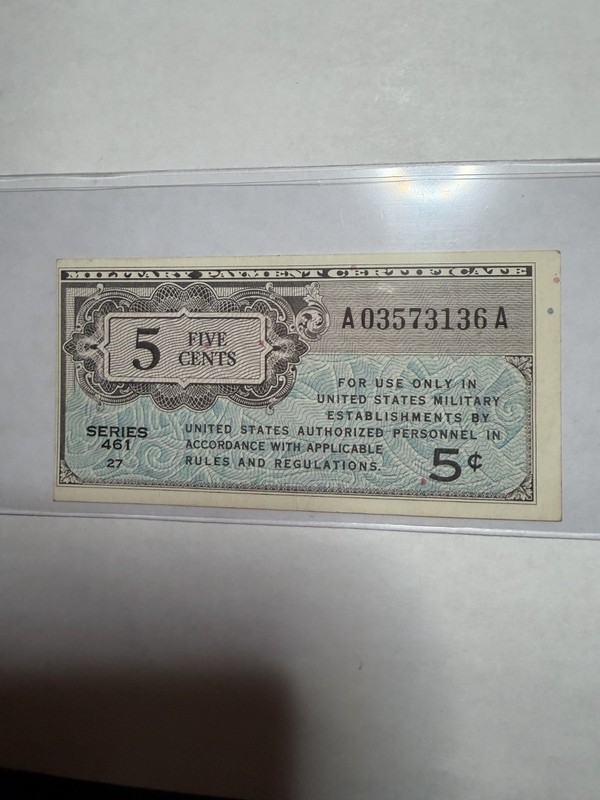 Series 461 5 Cent Military Payment Certificate au MPC Paper Currency