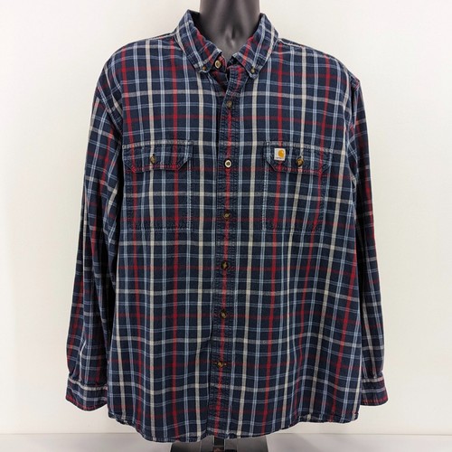 Carhartt Flannel Shirt Mens 2XL XXL Relaxed Fit Pockets Plaid Red White Blue - Picture 1 of 8