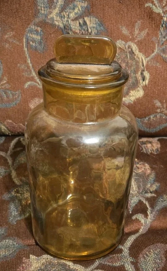 Antique Amber Apothecary Jar w Lollipop Lid 8" tall without lid