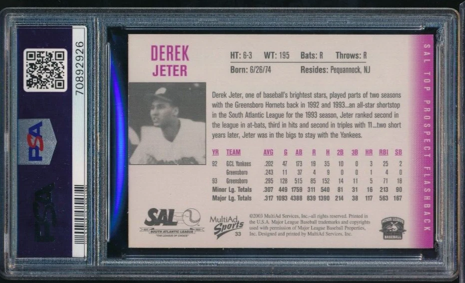 2003 Multi-Ad South Atlantic League Prospects #33 Derek Jeter PSA 7 (2 higher) - Image 2 of 2