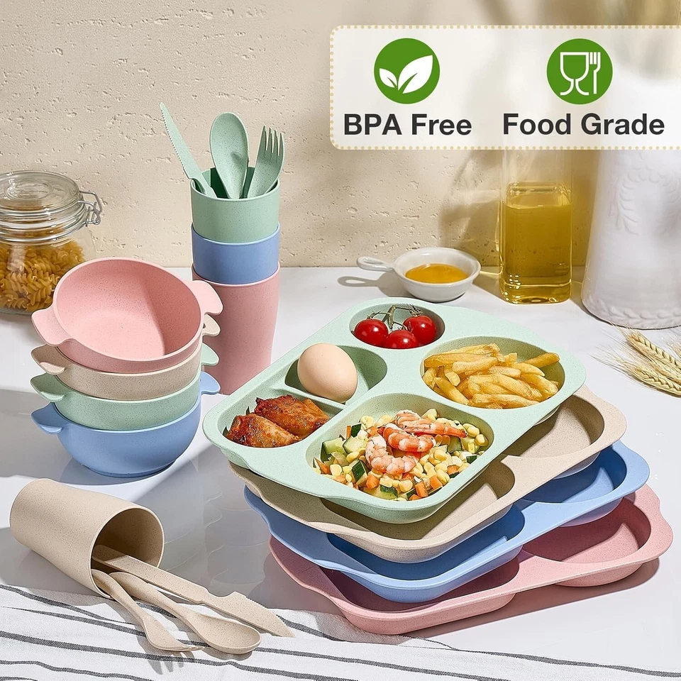 24 Pcs Wheat Straw Dinnerware Set with Plates Bowls Cups Cutlery BPA Free - Image 3 of 4