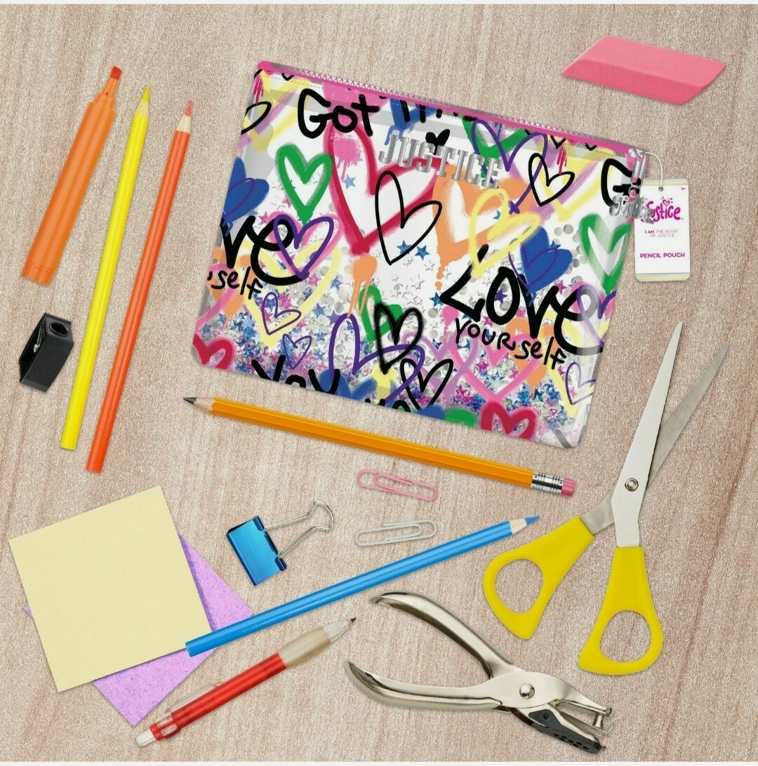 Justice Graffiti Love Pencil Pouch with Multi-Color Glitter Confetti Accents