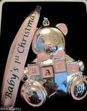 2017 DATED BABY'S 1ST CHRISTMAS SILVER ORNAMENT GIRL PINK SWAROVSKI CRYSTALS NIB
