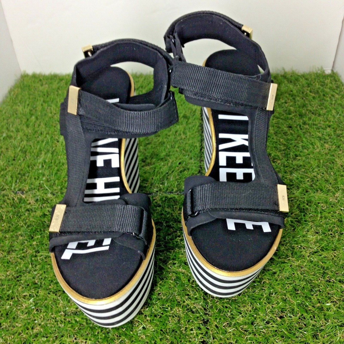 SUECOMMA BONNIE ◆Stripe ribbon sandal(black) SALE SUE COMMA BONNIE Platform Wedge Strap Black White