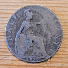 1919 King George V Half Penny 1/2d coin - Poor.