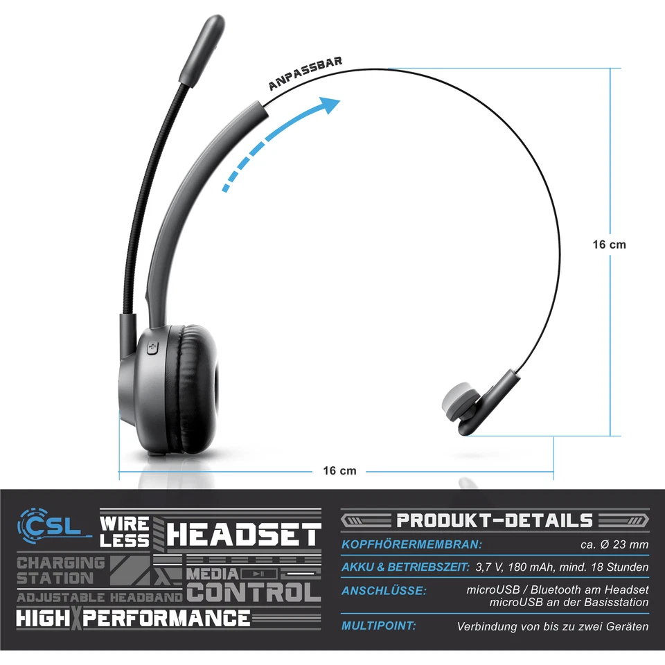 CSL Mono Bluetooth Headset + Ladestation mit flexiblem Mikrofon Handy PC Laptop - Bild 2 von 4