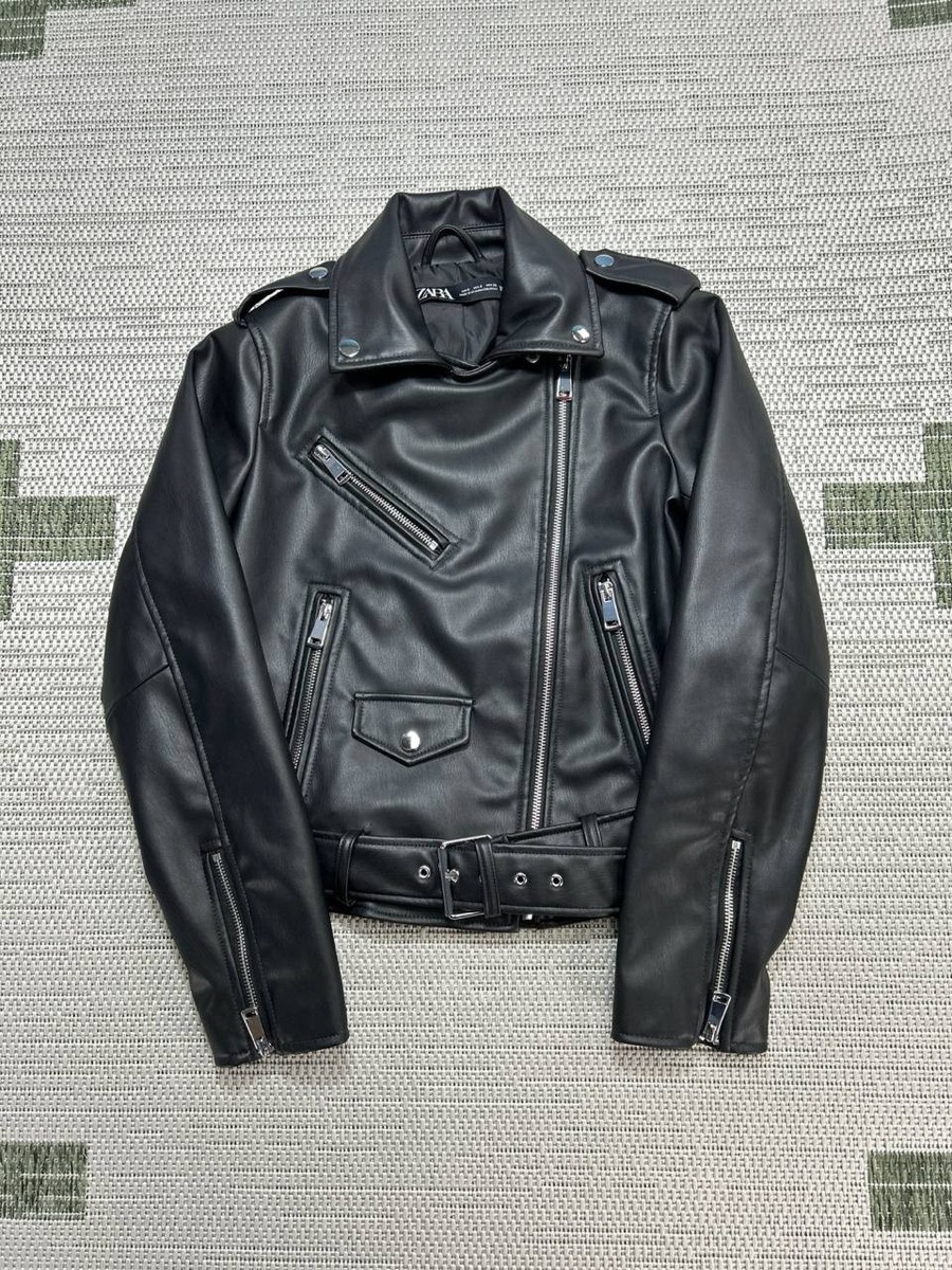 Zara Biker Jacket Womens Small Black Faux Leather Asymmetrical Zip