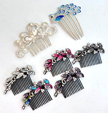 7 Vintage Hair Comb LOT Blue Aurora Borealis Peacock Bridal Silver/Black Tone