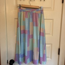80s Vintage Pastel Skirt Comfortable Lightweight Elastic Waist Tea Length
