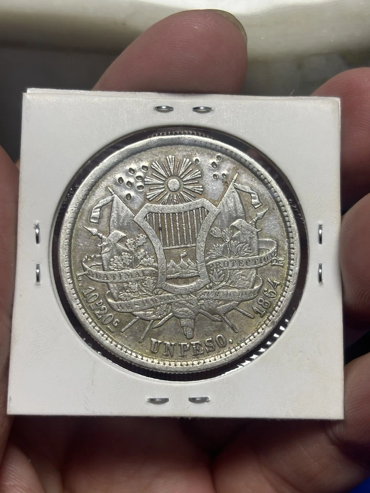Guatemala 1864 R Peso- 0.900 Silver R. Carrera Coin KM#190.2 Scares - Image 2 of 2