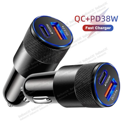 38W 12V USB C Car Phone Fast Charger Adapter PD/QC USB A Cigarette Lighter Plug