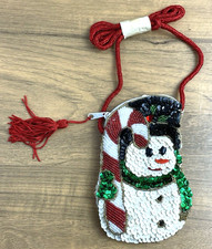 Snowman Beaded Sequin Coin Change Purse Zippered Cord Vintage NOS