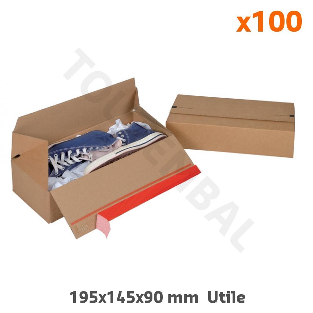 Caisse carton adhésive et montage automatique | Boîte colis kraft 195x145x90 mm