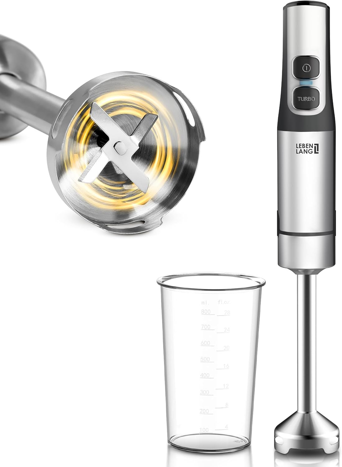 Frullatore a Immersione 1500W Acciaio Inox - Misurino Da 800 Ml & Paraspruzzi I 
