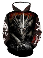 3D Black Dragon Hoodie Red Eyes Mythical Beast Graphic Pullover Sweatshirt
