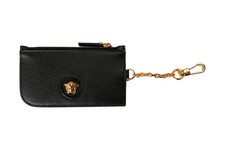 Versace Black 100 Textured Leather Gold Medusa Head Card Case Keychain