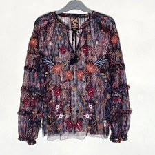 New Johnny Was Monika Saphire Embroidered Mesh Blouse Top XL