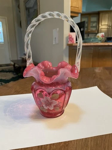 Fenton Cranberry Opalescent Open Heart Arches Basket-signed