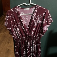 JON & ANNA Women's Burgundy Floral Bird Print Midi Dress V-Neck Fit & Flare 1X