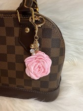 Pink Rose Flower Bag Charm Keychain Key Ring Car Charm Gold Heart Clasp Clip
