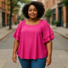SHEIN Curve Pink Ruffle 3/4 Sleeve Top Blouse Plus Size 1XL