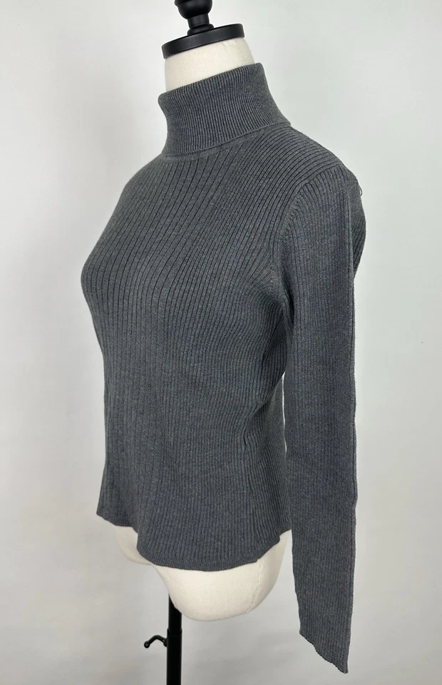 Suéter feminino vintage anos 90 gola alta XS cinza carvão malha com nervuras minimalista  - Imagem 4 de 4