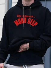 Men'S Streetwear Essential Hoodie - Black Pullover with Red THE MOBB DEEP Letter