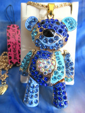 Adorable 3D Moveable Blue Tone Crystal Teddy Bear Pendant Chain Necklace