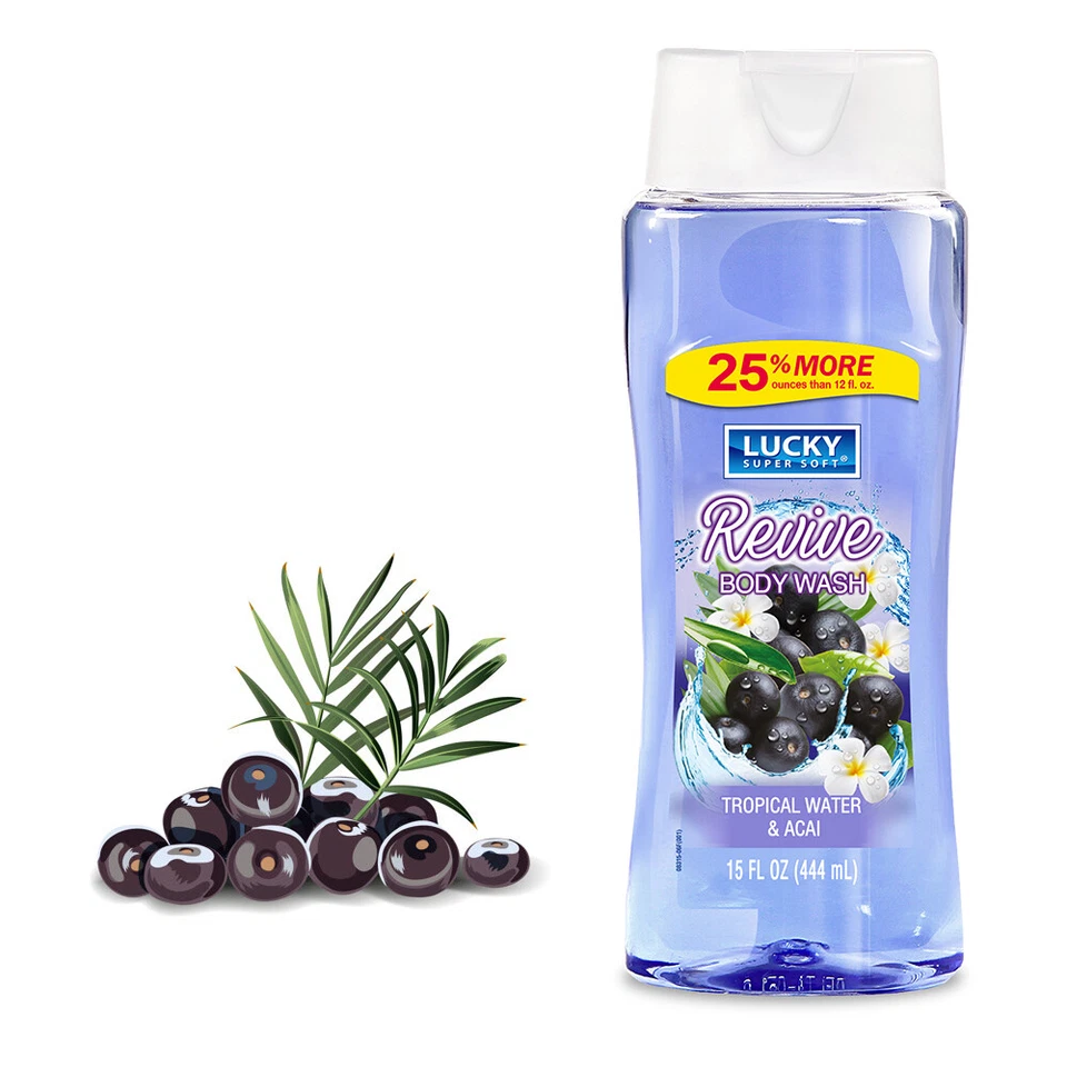 Jabón corporal Lucky Super Soft Revive. Fragancia de agua tropical y acai. 15 fl.oz Foto 3 de 3