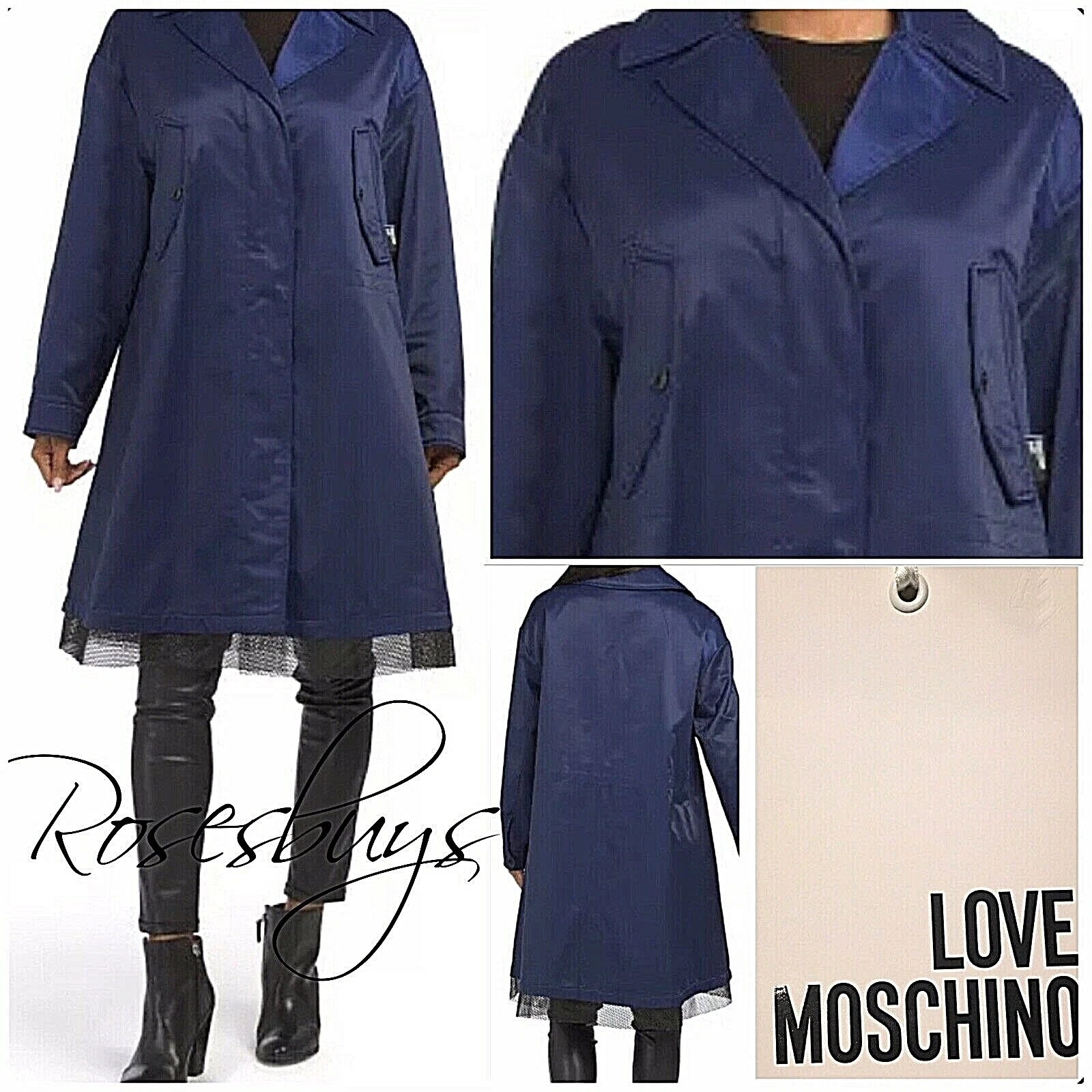 Parka trench coat MED LG blu elettrico nuovo con etichette $544 Love Moschino con bordo a rete nero