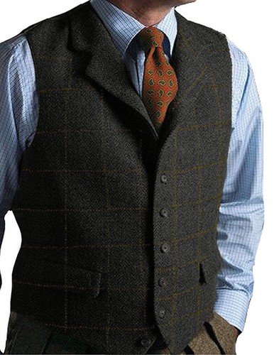 men suits plaid tweed gilet - Picture 2 of 43