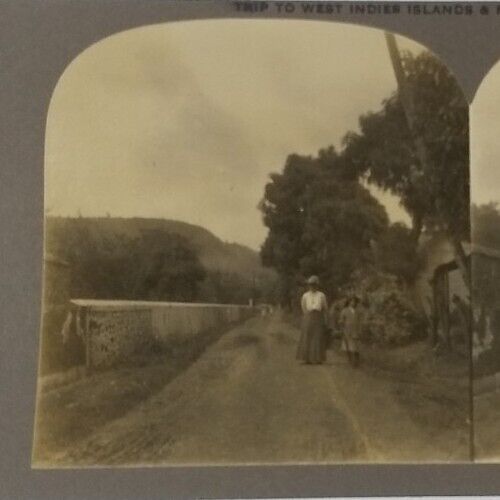 Private Photo Stereoview 1911 Caribbean Barbados Country Road Woman Hat W.I. #33 - Picture 1 of 3