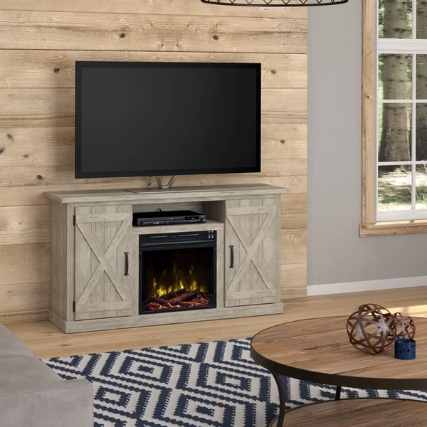 Rustic Fireplace Console Farmhouse TV Stand Industrial Weathered Pine