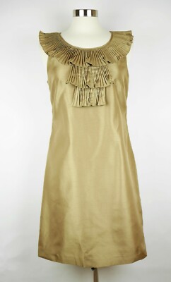 ELLEN TRACY Size 8 - Gold sleeveless A line flared dress - pleated collar &  trim | eBay