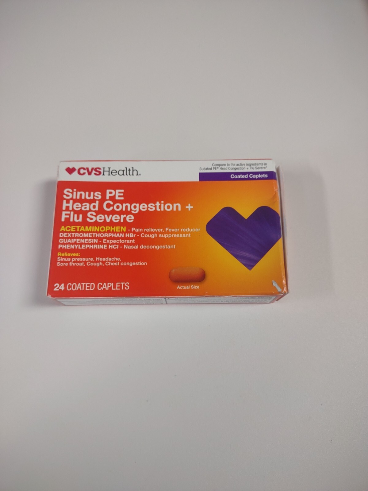 CVS NonDrowsy Sinus PE Head Congestion +Flu Severe 24 Caplets Exp 6/25