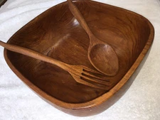 Vintage 12” MCM Large Teak Square Bowl & Fork & Spoon Set. Base Marked.