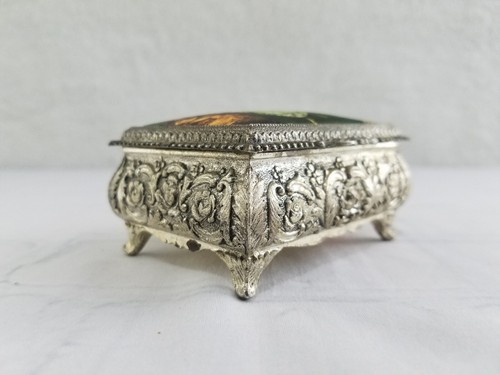 Antique Jewelry Accessory Trinket Box Baroque French Picture Scene On Top Japan - Picture 8 of 17