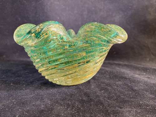 Barovier Toso Five Lobed Star Form Bowl In Green With Gold Leaf - Picture 7 of 15
