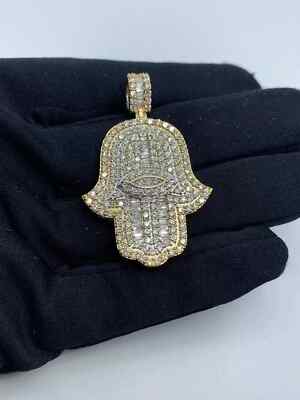 2.50 Ct Real Moissanite Hamsa Pendant Necklaces 14K Yellow Gold Plated Silver