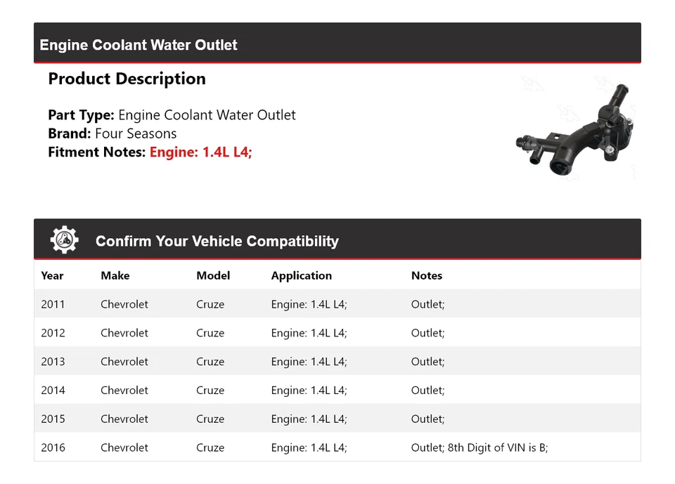 Para Chevrolet Cruze 2011-2016 1,4 L motor L4 salida de agua refrigerante 4 estaciones 2012 Foto 2 de 4