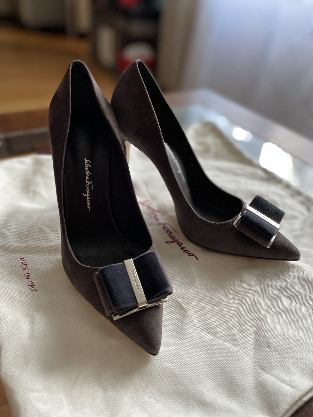 Salvatore Ferragamo Heels ZERI X5 Suede/Silver Hardware Bow 5inch