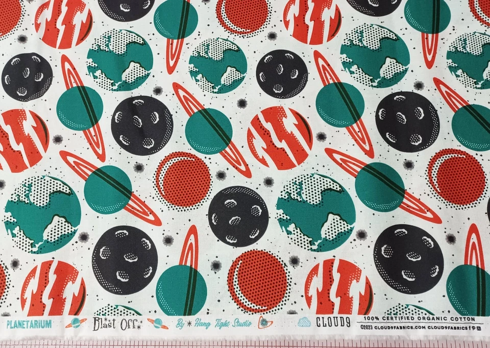 Blast Off Atomic Planets Cosmic Cloud9 Organic Cotton Fabric White Red Teal - Image 3 of 4