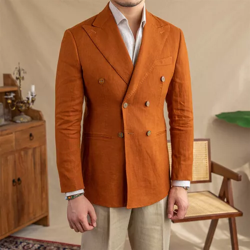 100% Linen Mens Peak Lapel Blazer Double Breasted Coat Suit Jacket Formal Casual - Bild 10 von 22