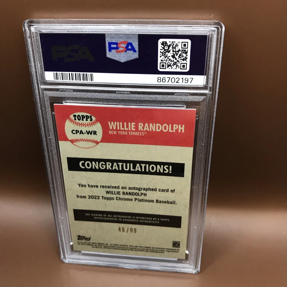 Willie Randolph 2022 Topps Chrome Platinum Aqua Refractor Auto PSA 9  46/99 - Image 2 of 2