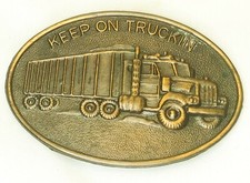 Vintage Semi Truck "Keep on Truckin" Trucking Oval Brass Belt Buckle Hong Kong