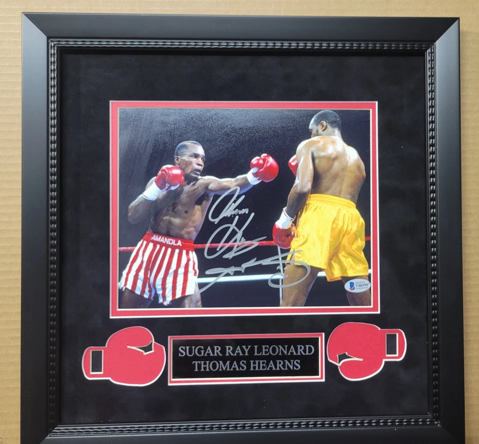 Foto de boxeo firmada por Sugar Ray Leonard Thomas Hearns enmarcada 8x10 BAS Foto 2 de 4
