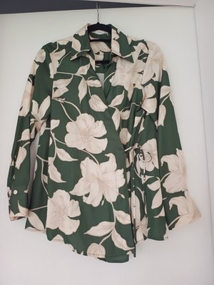 Mango Bluse Wickelshirt S Blumemuster! Dunkelgrün/Beige Top Zustand  