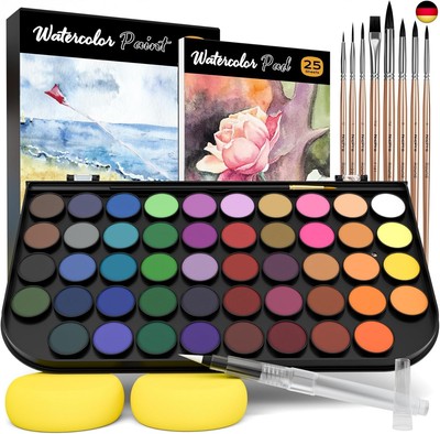 Nicpro Aquarellfarben Set, 48 Lebendige Farben in Tragbarer Box, Inklusive 8