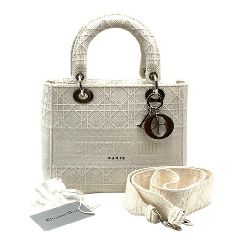 Dior Lady D-Lite Cannage 2Way Handbag Shoulder Bag Canvas White 50-MA-0210X