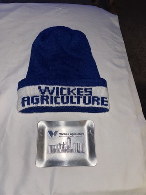 Vtg WICKES AGRICULTURE Advertising Blue/White Knit Stocking Cap & 5x4  Ash Tray